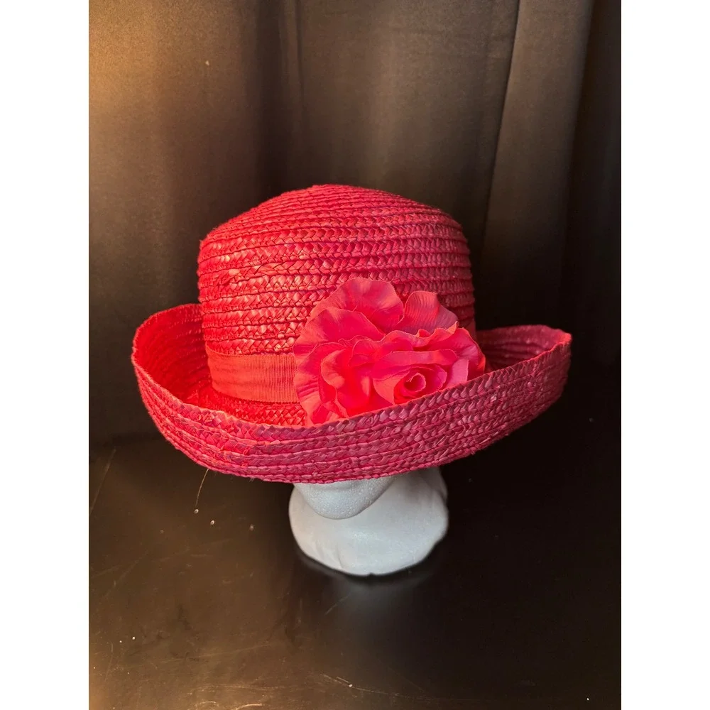 Vintage Magenta Pink Straw Sun Hat Wide Brim Floral Ribbon Accent Summer Beach